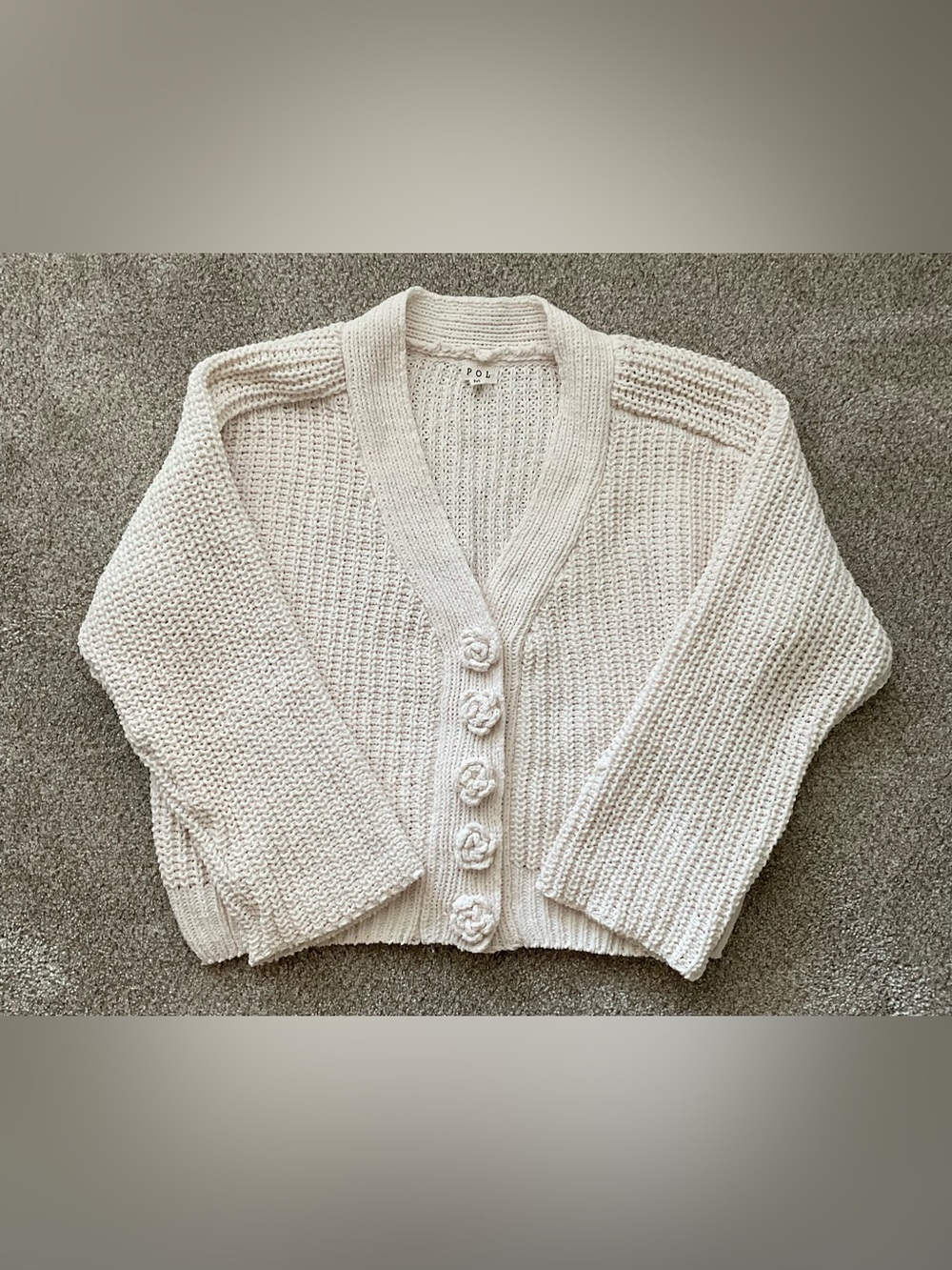 POL Cream Textured Knit Cardigan with Decorative Flower Buttons